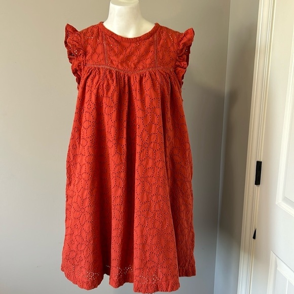 MADEWELL Eyelet Ruffle Sleeve Mini Dress Fresh Chili Orange Cap Sleeve Sz L - Picture 3 of 16